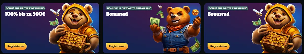 German casino bonus banner set featuring cartoon bear mascots, including a third deposit bonus of 100% up to €500 and bonus wheel offers, each with a registration button on a purple gradient background.