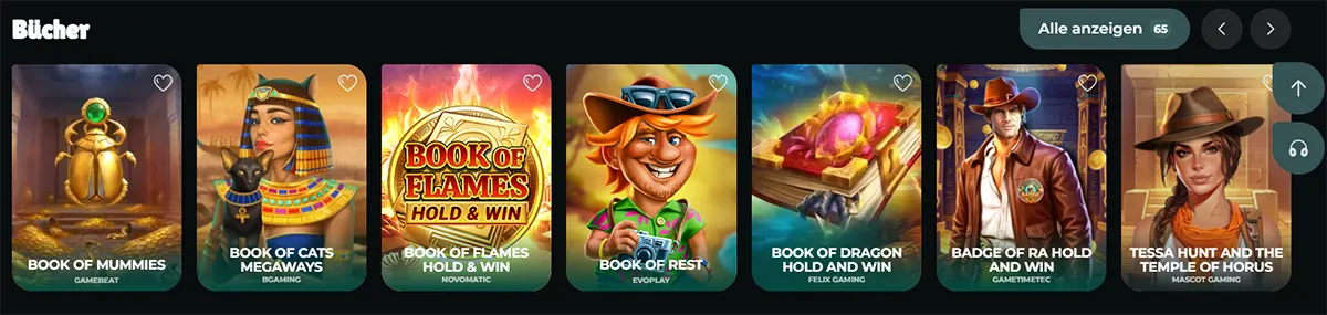 Online casino book-themed games section showing a horizontal carousel of slot tiles, including Book of Mummies, Book of Cats Megaways, Book of Flames Hold & Win, Book of Rest, Book of Dragon Hold and Win, Badge of Ra Hold and Win, and Tessa Hunt and the Temple of Horus.