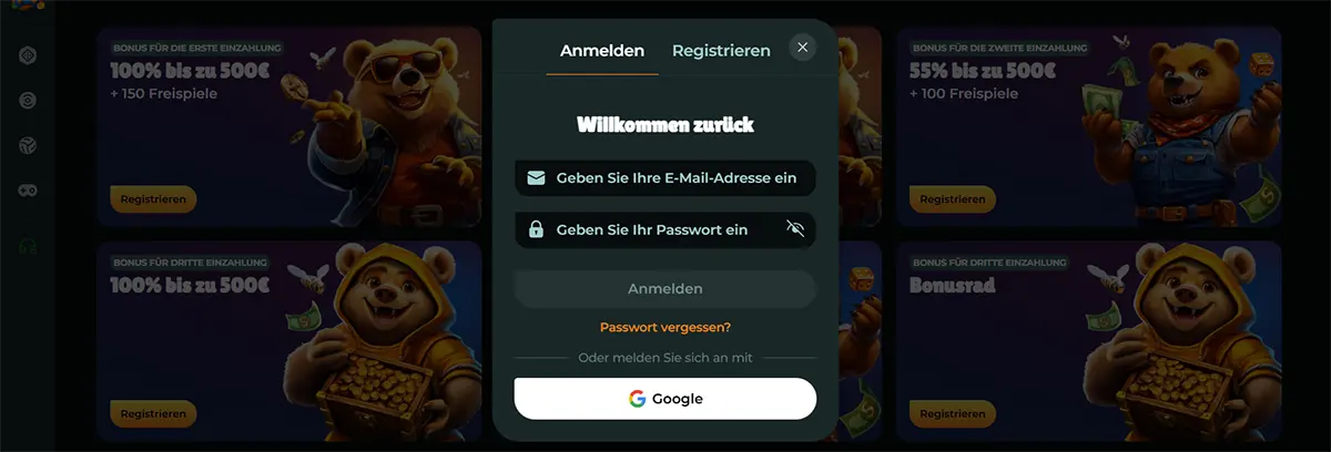 German online casino login popup with email and password fields, a Google sign-in option, and a darkened background showing bear-themed bonus banners for first, second, and third deposit offers plus a bonus wheel promotion.